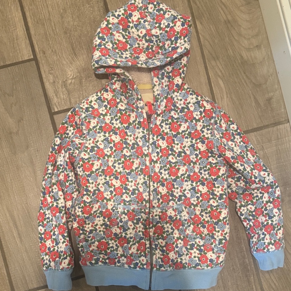 Mini Boden Floral Hooded Zip Jacket - Red, Blue, Green & White